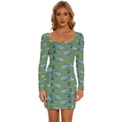 Fishes Pattern Background Theme Long Sleeve Square Neck Bodycon Velvet Dress by Vaneshop