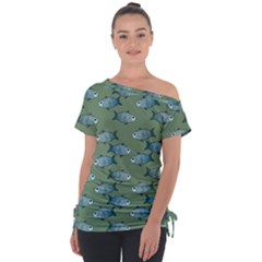 Fishes Pattern Background Theme Off Shoulder Tie-up Tee