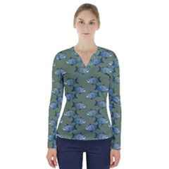 Fishes Pattern Background Theme V-neck Long Sleeve Top by Vaneshop