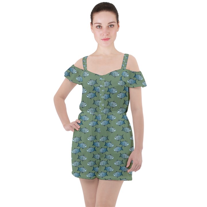 Fishes Pattern Background Theme Ruffle Cut Out Chiffon Playsuit