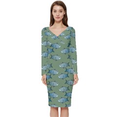 Fishes Pattern Background Theme Long Sleeve V-neck Bodycon Dress  by Vaneshop