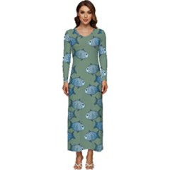 Fishes Pattern Background Theme Long Sleeve Longline Maxi Dress