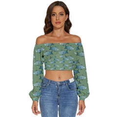 Fishes Pattern Background Theme Long Sleeve Crinkled Weave Crop Top by Vaneshop