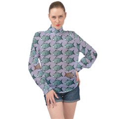 Fishes Pattern Background Theme Art High Neck Long Sleeve Chiffon Top by Vaneshop