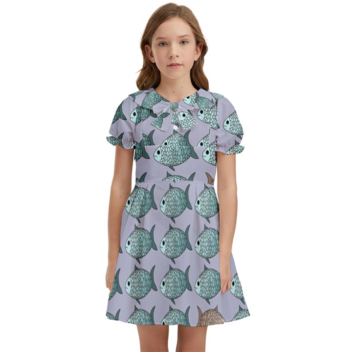 Fishes Pattern Background Theme Art Kids  Bow Tie Puff Sleeve Dress