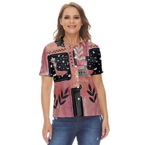 Floral Wall Art Women s Short Sleeve Double Pocket Shirt by Vaneshop