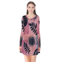 Abstract Pattern Floral Wall Art Long Sleeve V-neck Flare Dress by Vaneshop