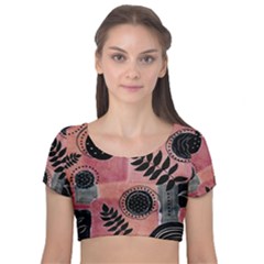 Abstract Pattern Floral Wall Art Velvet Short Sleeve Crop Top  by Vaneshop