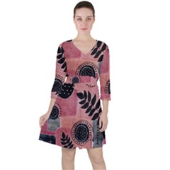 Abstract Pattern Floral Wall Art Quarter Sleeve Ruffle Waist Dress by Vaneshop