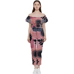 Abstract Pattern Floral Wall Art Off Shoulder Ruffle Top Jumpsuit by Vaneshop