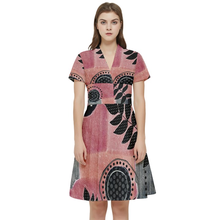 Abstract Pattern Floral Wall Art Short Sleeve Waist Detail Dress