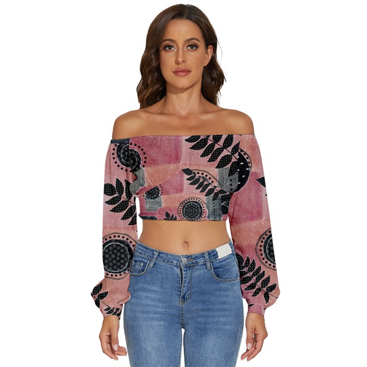 Abstract Pattern Floral Wall Art Long Sleeve Crinkled Weave Crop Top