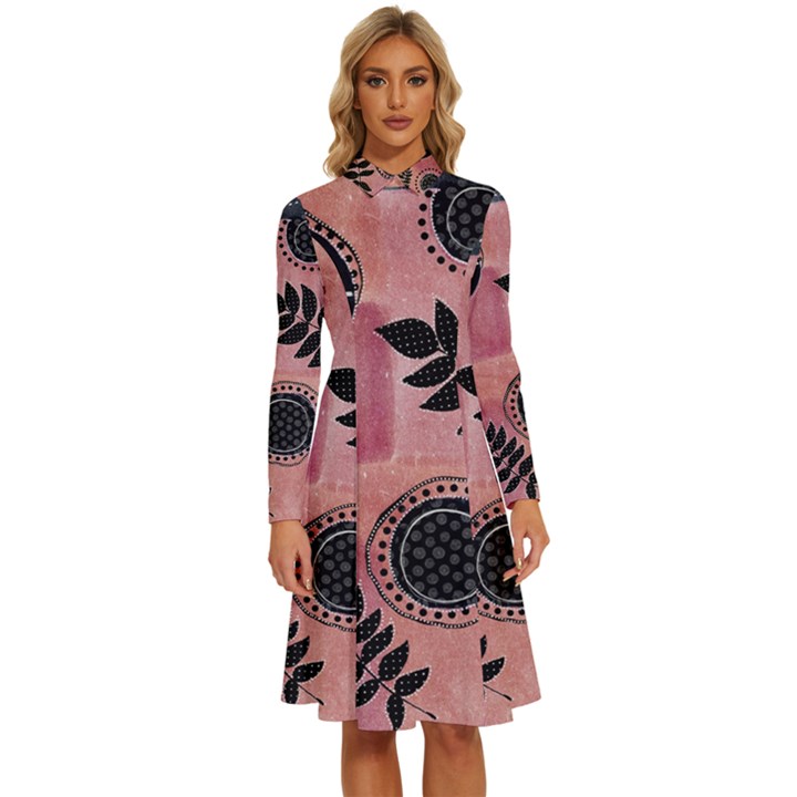 Abstract Pattern Floral Wall Art Long Sleeve Shirt Collar A-Line Dress