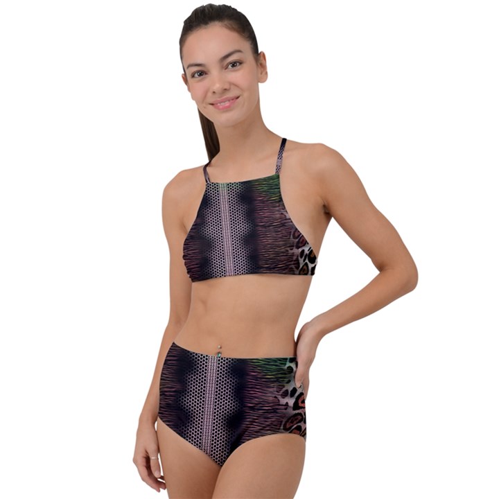 Leopard Animal Shawl Honeycomb High Waist Tankini Set