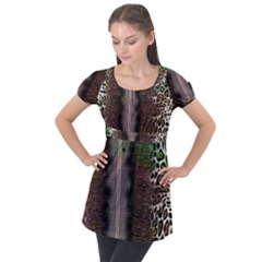 Leopard Animal Shawl Honeycomb Puff Sleeve Tunic Top by Vaneshop