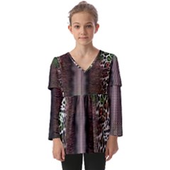 Leopard Animal Shawl Honeycomb Kids  V Neck Casual Top by Vaneshop