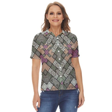 Mandala Decoration Floral Flower Women s Short Sleeve Double Pocket Shirt by Vaneshop