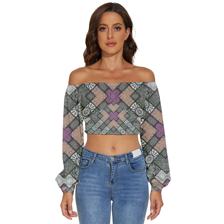 Mandala Decoration Floral Flower Long Sleeve Crinkled Weave Crop Top