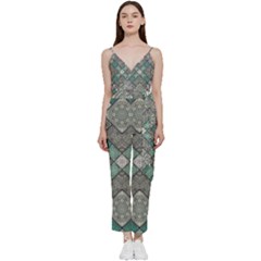 Mandala Decoration Flora Floral Flower V-neck Spaghetti Strap Tie Front Jumpsuit by Vaneshop