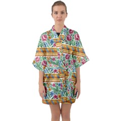 Flower Fabric Design Half Sleeve Satin Kimono  by Vaneshop