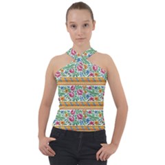 Flower Fabric Design Cross Neck Velour Top by Vaneshop