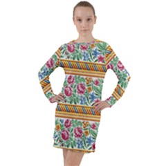 Flower Fabric Design Long Sleeve Hoodie Dress