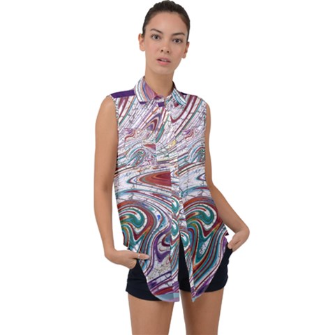 Abstract Background Ornamental Sleeveless Chiffon Button Shirt by Vaneshop