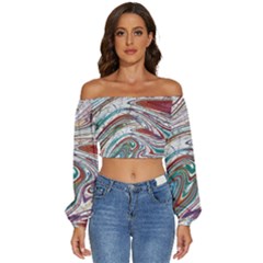 Abstract Background Ornamental Long Sleeve Crinkled Weave Crop Top by Vaneshop