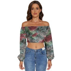 Design Pattern Scarf Gradient Long Sleeve Crinkled Weave Crop Top by Vaneshop