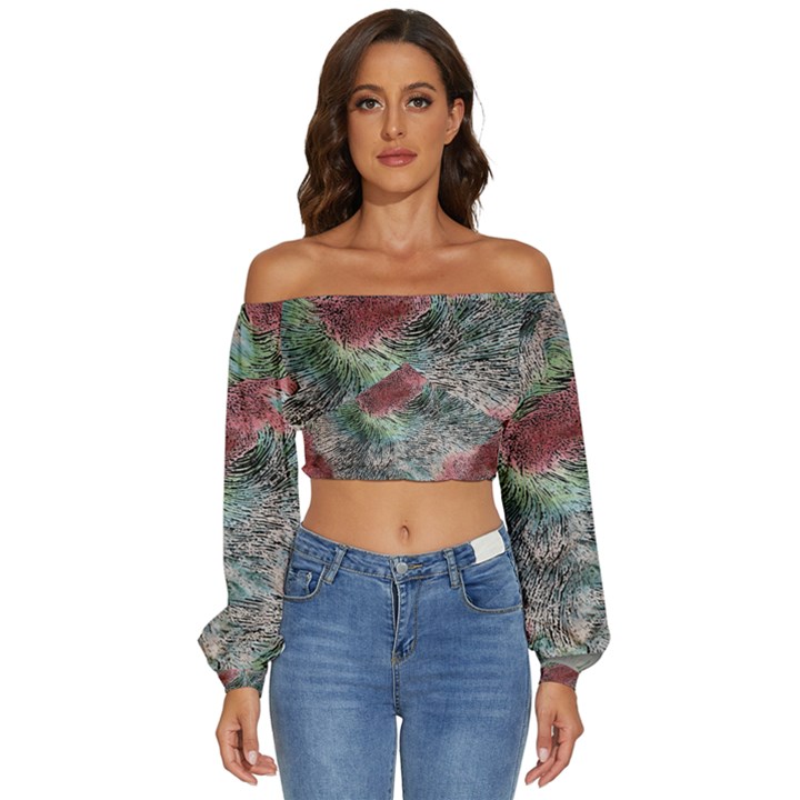 Design Pattern Scarf Gradient Long Sleeve Crinkled Weave Crop Top