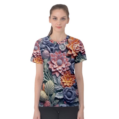 3d Flower Bloom Embossed Pattern Women s Cotton Tee by Vaneshop