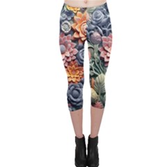 3d Flower Bloom Embossed Pattern Capri Leggings  by Vaneshop