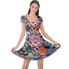 3d Flower Bloom Embossed Pattern Cap Sleeve Dress by Vaneshop