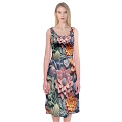 3d Flower Bloom Embossed Pattern Midi Sleeveless Dress by Vaneshop