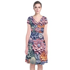 3d Flower Bloom Embossed Pattern Short Sleeve Front Wrap Dress