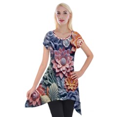 3d Flower Bloom Embossed Pattern Short Sleeve Side Drop Tunic by Vaneshop