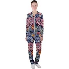 3d Flower Bloom Embossed Pattern Casual Jacket And Pants Set by Vaneshop