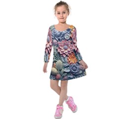 3d Flower Bloom Embossed Pattern Kids  Long Sleeve Velvet Dress by Vaneshop