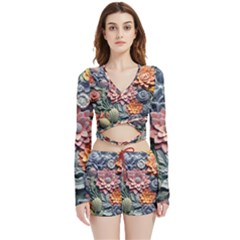 3d Flower Bloom Embossed Pattern Velvet Wrap Crop Top And Shorts Set by Vaneshop