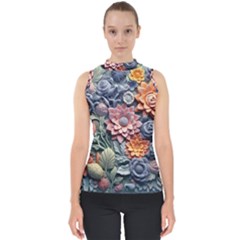 3d Flower Bloom Embossed Pattern Mock Neck Shell Top by Vaneshop