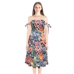 3d Flower Bloom Embossed Pattern Shoulder Tie Bardot Midi Dress by Vaneshop