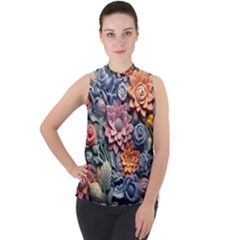 3d Flower Bloom Embossed Pattern Mock Neck Chiffon Sleeveless Top