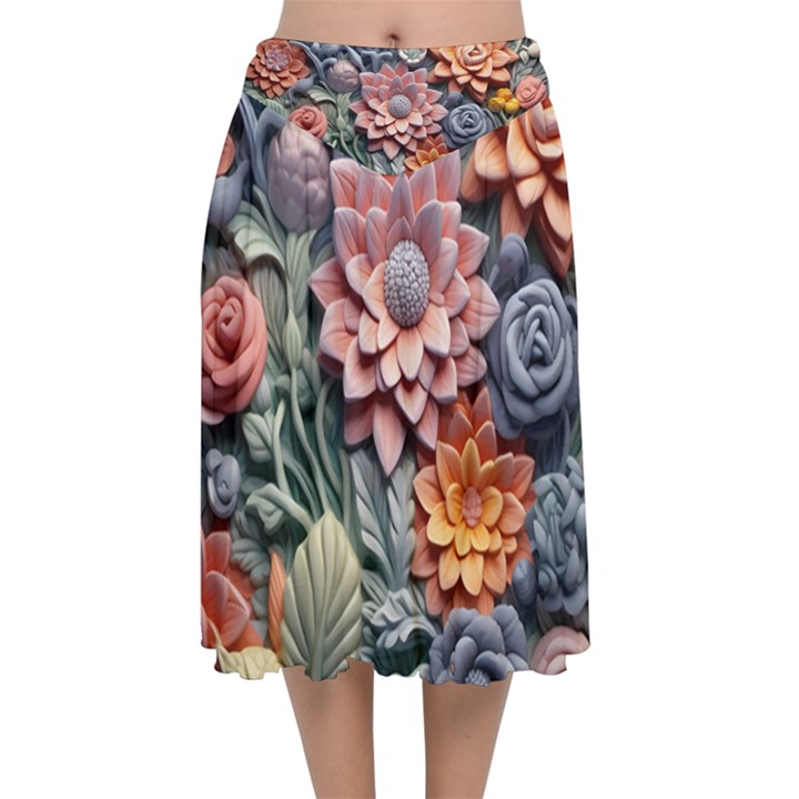 3d Flower Bloom Embossed Pattern Velvet Flared Midi Skirt