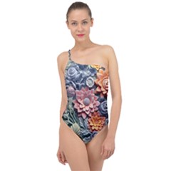 3d Flower Bloom Embossed Pattern Classic One Shoulder Swimsuit by Vaneshop