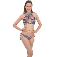 3d Flower Bloom Embossed Pattern Cross Front Halter Bikini Set by Vaneshop