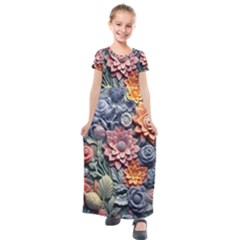 3d Flower Bloom Embossed Pattern Kids  Short Sleeve Maxi Dress by Vaneshop