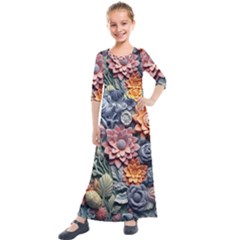 3d Flower Bloom Embossed Pattern Kids  Quarter Sleeve Maxi Dress by Vaneshop