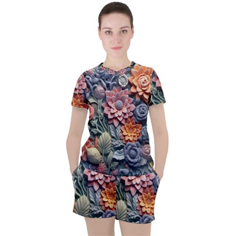 3d Flower Bloom Embossed Pattern Women s Tee And Shorts Set by Vaneshop