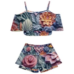 3d Flower Bloom Embossed Pattern Kids  Off Shoulder Skirt Bikini by Vaneshop