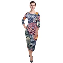 3d Flower Bloom Embossed Pattern Quarter Sleeve Midi Velour Bodycon Dress by Vaneshop